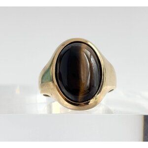 Chunky Faux Tiger's Eye Gold Toned Costume Jewelry Vintage Ring - sz 11.5